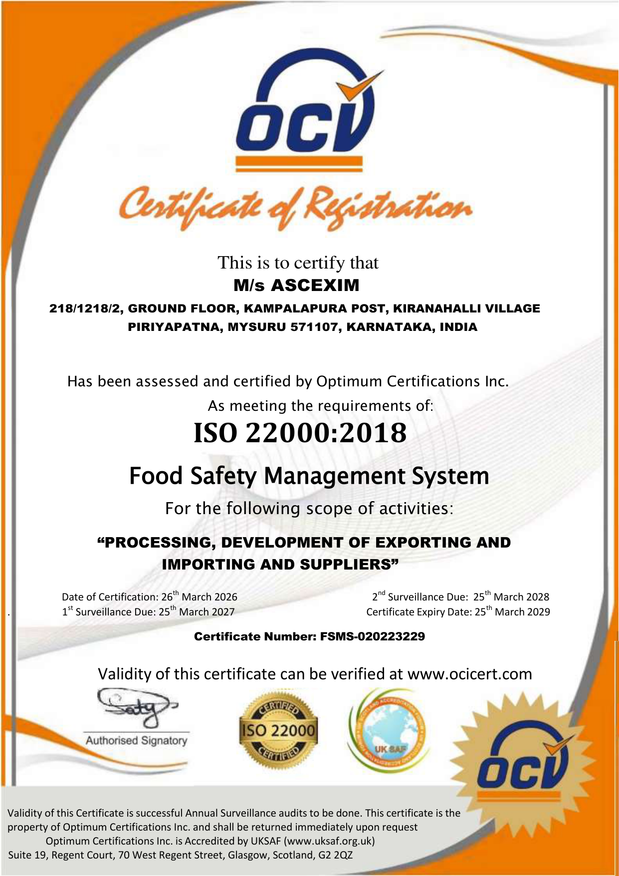 ISO 22000 Certificate Preview