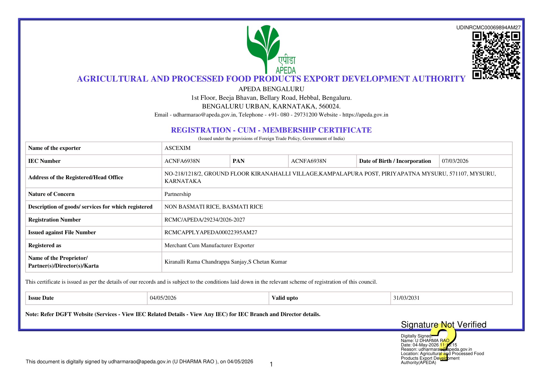 APEDA Certificate Preview